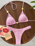 Wrinkled Crinkled Halter Beads Bikini Female Swimsuit Women Swimwear Two-pieces Bikini Set Brazilian Bather Bathing Suit Swim