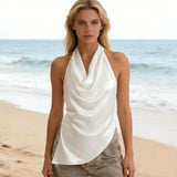 Women’s Solid Color Satin Cowl Neck Halter Tops Summer Fashionable Backless Slim Fit Going Out Vest