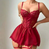 New Sexy Lingerie For Woman Women Lace Hollow Bodysuit Baby Doll Garters Dress Transparent  Deep V Open Bra And Panty Underwear