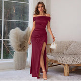 Elegant Satin Solid Color Off-Shoulder Women's Long Dress Sexy High-Waisted Flim Slit Pleated Dress for Lady Party Wedding