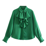 Foridol Ruffles Folds Light Blue Office Lady Satin Shirt Blouse Long Sleeve Spring Fashion Solid Button Up Blusa Autumn 2025