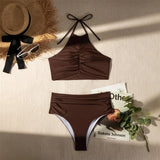 Halter Wrinkled High Neck Female Swimsuit High Waist Bikini Women Swimwear Two-pieces Bikini set Bather Bathing Suit Swim K5616