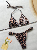 PU Pleated Ruched Bikinis Mini Micro Thong Bikini Women Swimwear Female Swimsuit Two-pieces Bikini Set Halter Bathing Suit Swim