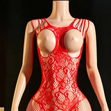 Sexy Bodysuit With Hollowed-out Chest Mesh Sexy One-piece Jacquard Open-crotch Halter Neck Backless Deep V Sleeveless Charm 57AF