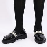 Fashion Pearls Decor Platform Loafers Women College Style Thick Heels Pu Leather Shoes Woman Plus Size 43 Student Shoes Female