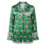 Womens Satin Christmas Pajamas Sets Print Button Up Long Sleeve Lapel V Neck Tops and Shorts Lounge Wear 2 Pieces Suits