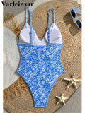 S - XL Flower Floral V Neck One Piece Swimsuit Women Swimwear Female Monikini High Cut Leg Padded Bather Bathing Suit Swim V8079