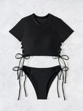2026 New 2 Piece Swimsuit for Women Solid Color Sexy Drawstring Short Sleeve Bikini Set Beach Vacation Bathing Suit Swimwear