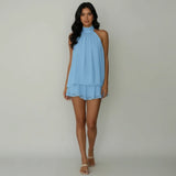Women's Summer Solid Color Halter Neck Mini Dress Sleeveless Open Back Drop Waist Ruffle Beach Clubbing Dresses