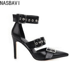 NASBAVI Black Punk Gothic High Heels Sexy Plus Size Pointed Toe Fashion Buckle Rivet Women Pumps Wedding Shoes Stiletto Heels
