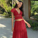 FDYOUI Sexy V-neck Lace Patchwork T-shirt Tops+Long Skirt 2 Piece Set Women's Summer Green Holiday Party Dress Suit Streetwear