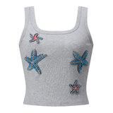 Women Rhinestone Starfish Decor Tank Tops Square Neck Sleeveless Slim Fit Ribbed Crop Vest Shirts Summer Out Going Streetwear