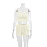 Lace Trim Ruffle Hem U-Neck Strap Cable Textured Cami & Casual Shorts Loungewear Summer Pajamas Set Women Sleepwear