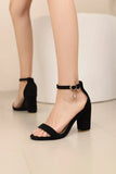 Beige Suede Ankle Strap Block Heel Sandals for Women, Round Open Toe with Rhinestone Accent, Multiple Colors Available