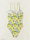 2026 New Yellow Fruit Print Bikini Suspender Backless Sexy One Piece Swimsuit High Waist Hollow Out Beach Vacation Bathing Suit
