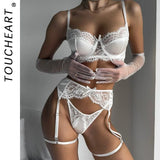 Toucheart Erotic Lingerie Embroidery Floral Lace Patchwork Solid Color Skinny Plunge Elegant Seductive Hollow Intimate Underwear