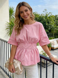2026 Summer Women's Peplum Tops Casual Elegant Stylish Bow Backless Loose Shirts Crew Neck Elbow Sleeve Blouse