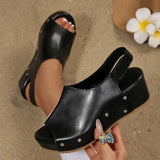 Black Pu Leather Wedge Heel Sandals Women Rivets Back Strap Platform Sandles Woman Plus Size 43 Thick Sole Rome Sandalias Mujer