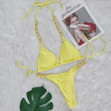 5 Colors Sexy Bikini Women Solid Swimwear Swimsuit Metal Chain Weave Straps Bikinis Set Bathing Suit Beach Bikini Female Thong