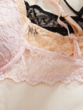 3PCS Daily Lace Trim Women's Underwear Set Rhinestone Push up Bra wite Underwire Soft & Stylish Female Slim Bra