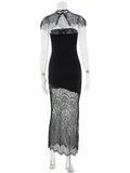 Ahagaga Fashion Women's Maxi Dresses Lace Patchwork Sexy Sheer Split Bodycon Slim Fit Turtleneck Sheath Female Party Vestidos