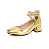 Metallic Silver Gold Women Mary Jane Pumps Square Toe Block Heel Crisscross Ankle Strap Back Zipper Elegant Party Dress Heels