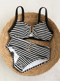 Sexy Black Striped Two Piece Bikini Set Women Metal U Neck Push Up Bra Belt High Waist Swimsuit Beach Bathing Suit Swimwear 2026
