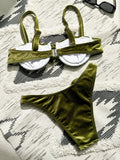Sexy Velvet Bikini Sets Women Green 3D Flower Push Up Underwire Micro Swimsuit 2025 Summer Bathing Suit Thong Swimwear Biquini