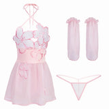 Chinese Ancient Style Cute Floral See Through Halter Dress Pink Kimono Backless Sexy Lingrie Women Outfit Costume