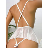 Sensual Lace Hollow Bodysuit  Sexy Crotchless Lingerie Thong Women Erotic Pajamas Teddy Babydoll Dress Deep V Open Bra Porn Set