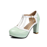 Spring Autumn New Style Fashion High-heeled Women's Shoes Color Block Round Head Shallow Mouth Buckle Square Heel Women's Shoes