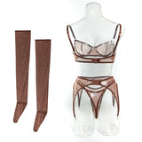 Toucheart Erotic Lingerie Comfortable Mesh Sexy Body Shaping Ultra-thin See-through Sexy Underwear Four-piece Set with Stockings
