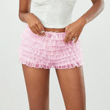 Solid Color Multi-Layer Mesh Short Pants Sweet Cute Bloomers Women Summer Ruffled Frilly Shorts
