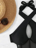 One Piece Bikini Women 2026 Grenadine Solid black Cross Bandage Hollow Out Swimwear Beach Backless Bathing Suit Monokini
