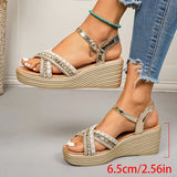 Plus Size 43 Wedges Gold Sandals for Women Summer Lightweight Chunky Heel Sandals Woman Comfort Ankle Buckle Platform Sandles