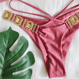 DEKA Solid Green Rhinestones Bikini Set Women Push Up Glitter Diamond Swimsuit Chain Metal Bathing Suit Luxury Thong Swimwear