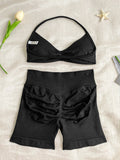 Sexy Black Polka Dot Print Seamless Yoga Sets Women Hanging Neck Pleate Sports Bra Tight High Waist Short Running Fitness Suits