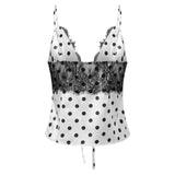 2026 Summer Women Camisole Vest Spaghetti Strap Dot Print Lace Design Slim Fit Tie Bow Front Backless V Neck Tank Tops Stylish