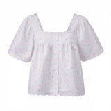 Women's Retro Casual Babydoll Blouse Summer Loose Fit Tops Lace Trim Short Sleeve Square Neck Button Up Shirts