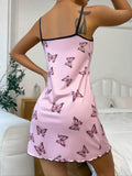 Pink Butterfly Printed Sleepwear Women Sexy Lingerie Nightdress Round Neck Sleep Dress Split Thigh Nighties Nightgown Loungwear