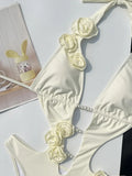 3D Flowers Pearl Deep V Neck Halter Backless Female Swimwear One Piece Swimsuit Women Monokini High Cut Bather Bathing Suit Swim