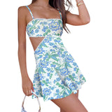 Women's Summer Fashion Open Back Mini Cami Dress Sleeveless Cutout Floral Print Spaghetti Strap Dresses
