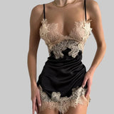 Toucheart Hot Sleeping Skirt Sling DeepV Lace Contrast Color Slim Plunge Embroidery Floral Interesting Romantic Delicate Pajamas