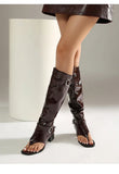 Plus Size Women Open Toe Thong Knee High Boots Metal Buckle Ruched Mid Block Heel Tall Sandal Boots Fashion Streetwear Long Boot
