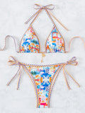 Blue Floral Print 2 Piece Micro Bikini Set for Women 2025 New Push Up Bra Thong Swimsuit Beach Bathing Suit Holiday Swimwear