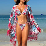 Three Pieces Bikini Set Cover Up Swimwear High Waisted Bikini Set Women's Swimwear Print For Female Bath Suit Tropical 2024