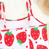 Kids Girls 2-Piece Strawberry Print One Piece Swimsuit & Beach Sarong Cover Up Ruffle Skirts Set 8-12 Years Children's Swimwear