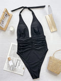 V Neck Halter Wrinkled Women Swimwear One Piece Swimsuit Female High Cut Backless Monokini Bather Bathing Suit Swim Beachwear