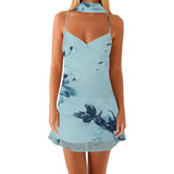 Women Fashion Floral Print/Solid Color Sleeveless Back Bandage Cami Dresses Summer Backless Mini Dress with Choker Scarf