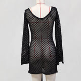 V Neck Long Sleeve Hollow Out Crochet Knitted Tunic Beach Cover Up Cover-ups Beach Dress Beach Wear Beachwear Female Women V6081